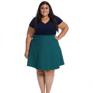 Gilli Twofer Navy and Teal Print Fit and Flare Dress Plus Size 2X